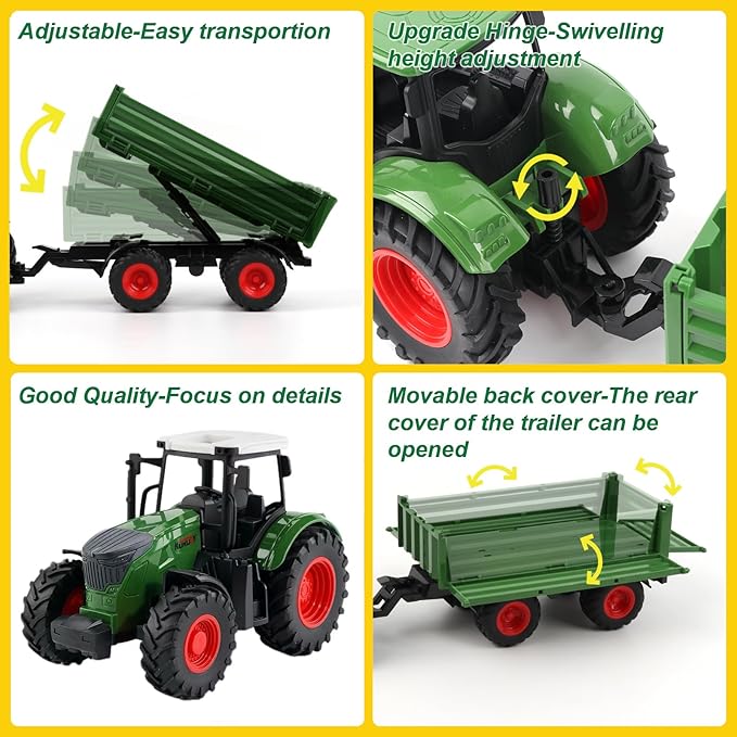 Farm Toys Tractor with Trailer-16.5 Inches Tractor Playset 1/24 Scale Gripper Frontloader Spreader for Boys Kids Toddlers Age 3-7 Years Old