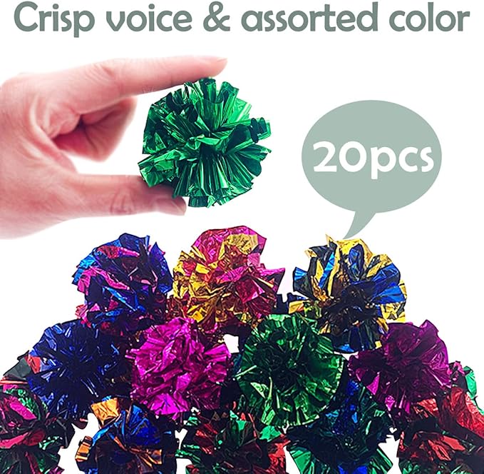 PET SHOW 20 Pcs Cat Crinkle Toy Ball 2.5inch Mylar Cat Pounce Chase Toys Colorful Paper Ball Chase Training Activity for Cats Kittens