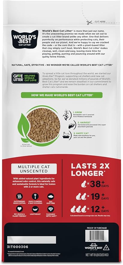 WORLD'S BEST CAT LITTER Multiple Cat Unscented, 8-Pounds - Natural Ingredients, Quick Clumping, Flushable, 99% Dust Free & Made in USA - Long-Lasting Odor Control & Easy Scooping
