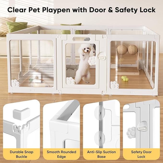 Acrylic Clear Dog Play Pen Indoors, Puppy Playpen with Door for Small Dogs Puppies, Transparent Plastic Pet Playpen Cage Fence Crate Kennel for Cat Kitten Rabbit Bunny Ferret etc (White-10 Panels)