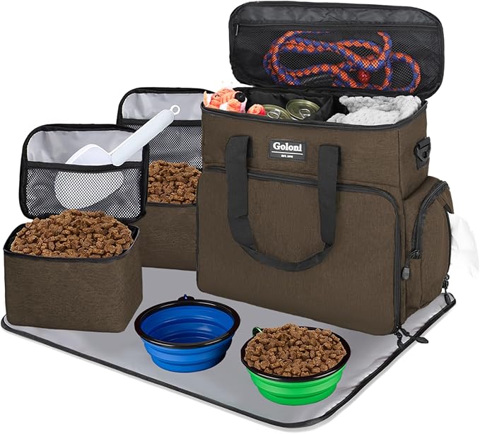 Dog Travel Bag Airline Approved–Pet Travel Tote with Collapsible Bowls,Food Containers & Feeding Mat–Multi-Pocket Organizer for Dogs & Cats, Durable & Water-Resistant for Hiking,Trips,Outdoors