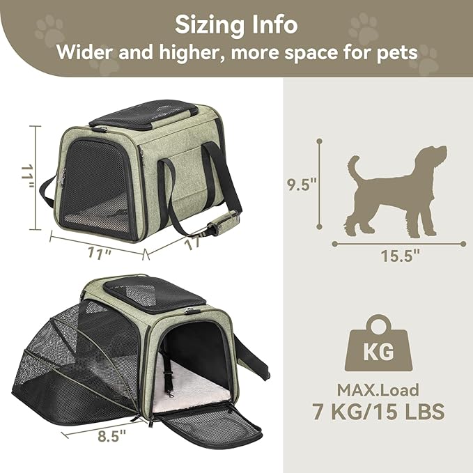 Petsfit Expandable Cat Carrier Dog Carrier,Airline Approved Soft-Sided Portable Pet Travel Washable Carrier for Kittens,Puppies,Removable Soft Plush mat and Pockets,Locking Safety Zippers