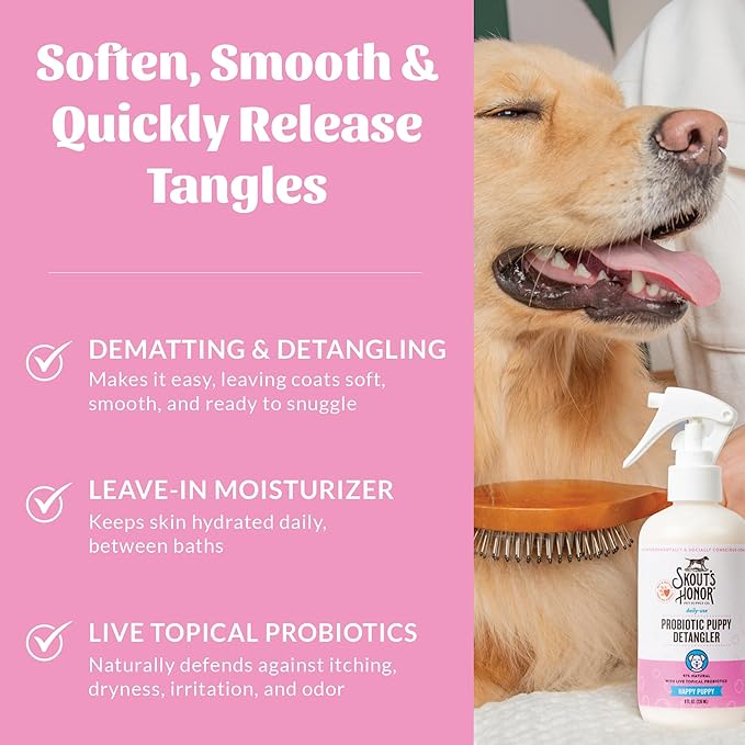 Skout's Honor Pet Detangler Spray - Hydrating & Conditioning with Avocado Oil & Probiotics, 97% Natural, Paraben & Sulfate-Free, softens for a More brushable Coat, Daily Use, 8oz, Happy Puppy