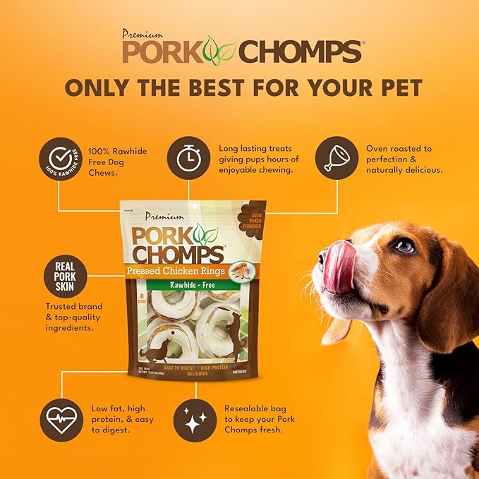Pork Chomps Pressed Pork Skin Dog Chews, 2.5-inch Rings, Real Chicken, 8 Count (Pack of 2)