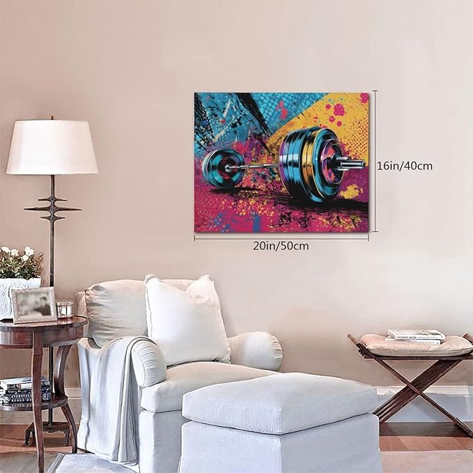 Gym Wall Art Weightlifting Fitness Canvas Wall Decor Barbell Sports Training Pictures Painting Banksy Street Graffiti Print Artwork Framed Decorations Gifts for Sports Lovers Gym Living Room Bedroom 16"x20"