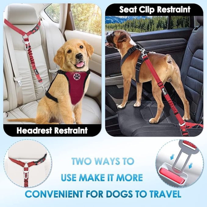 SlowTon Dog Seat Belt for Car, 2 Pack Dog Car Harness Seatbelt Adjustable with Elastic Bungee Buffer, 2 in 1 Pet Car Leash Headrest Restraint Dog Reflective Safety Tether (Red, Headrest+Clip)