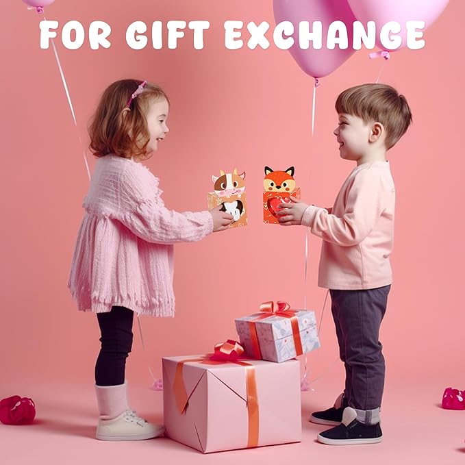 Sofier Valentines Day Gifts for Kids Classroom 24 Pack Card Boxes with Heart Window Mini Animal Toys Keychains Bulk for Boys Girls Classroom Exchange Party Favor School Teacher Student