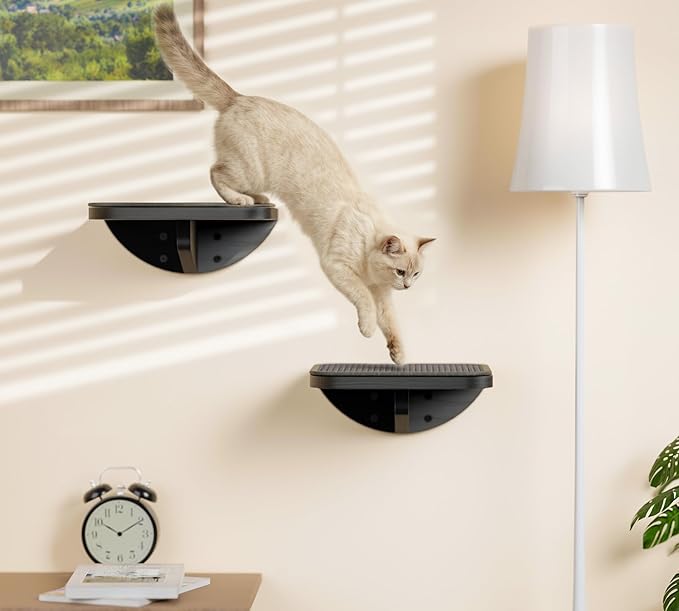 Grey Sisal-Padded Cat Wall Steps (2-Pack), Floating Wooden Cat Perch and Climbing Step Set, Wall Mounted Furniture for Jumping & Play