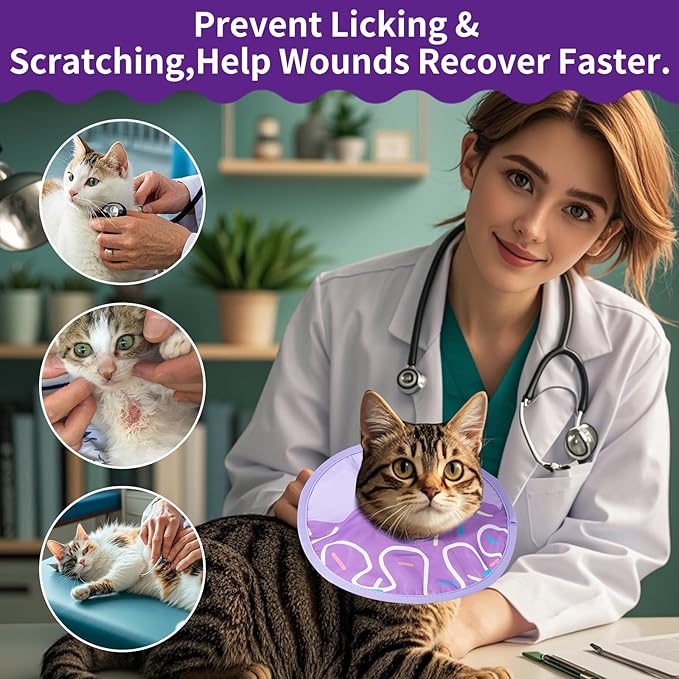 Cat Recovery Collar Lightweight Soft Cats Cone Cute Donut Shape Adjustable Fasteners Waterproof Pet Collar After Surgery to Prevent Licking for Kitten and Puppy (Purple, Extra Small)