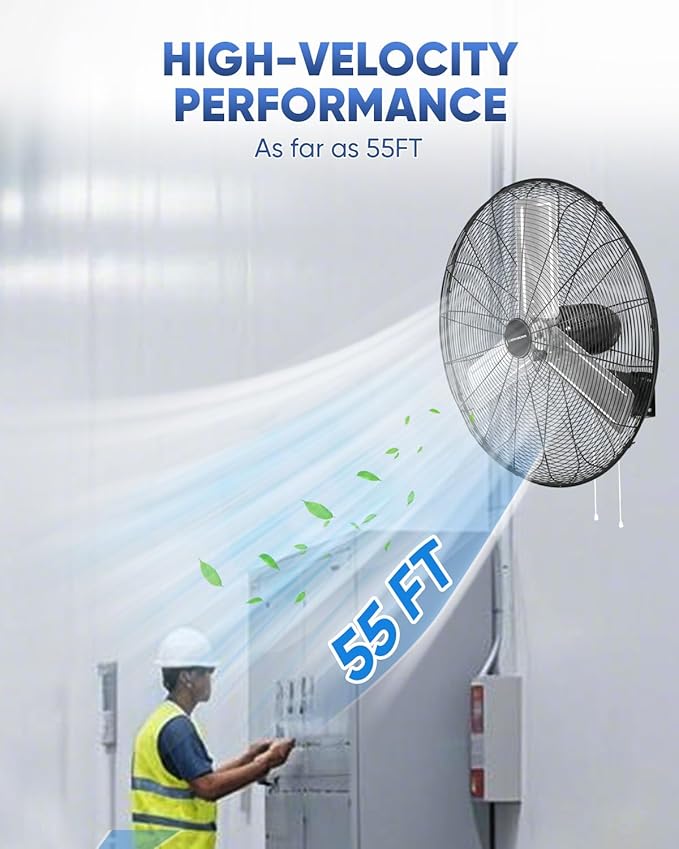 KEN BROWN 30 Inch Industrial Oscillating Wall Mount Fan - 7497 CFM High Velocity, Heavy Duty Metal Construction, 2 Speed Settings, Black