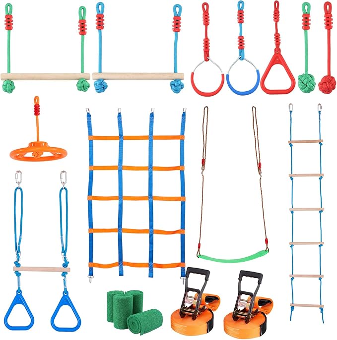 VEVOR Ninja Warrior Obstacle Course for Kids, 2 x 50 ft Weatherproof Slacklines, 500lbs Weight Capacity Monkey Line, Outdoor Playset Equipment, Backyard Toys Training Equipment Set with 12 Obstacles