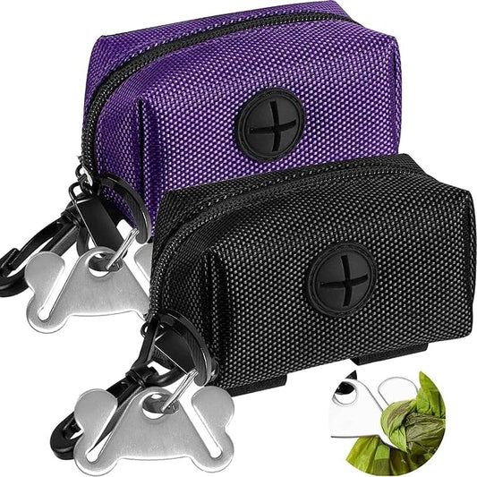 Dog Waste Bag Dispenser Pet Poop Bags Holder for Doggie Waste Bags Dispensers Soft Fabric Zipper Small Doggy Puppy Pouch for Leash Accessory Attachment with Carrier,2PCS Purple&Black