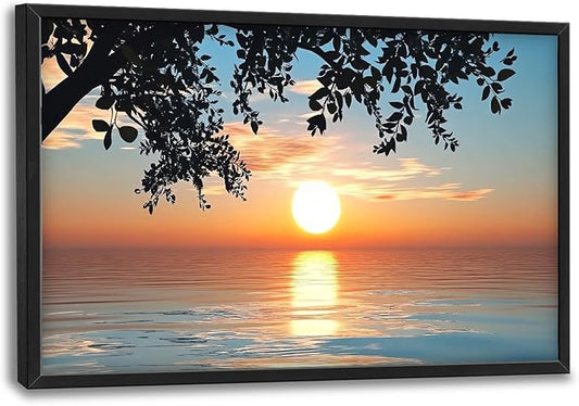 Framed Large Lake Sunset Wall Art, Oversized Natural Landscape Wall Decor for Living Room, Tree Leaves Canvas Painting Pictures Home Decoration for Living Room Bedroom Office 36"x24"