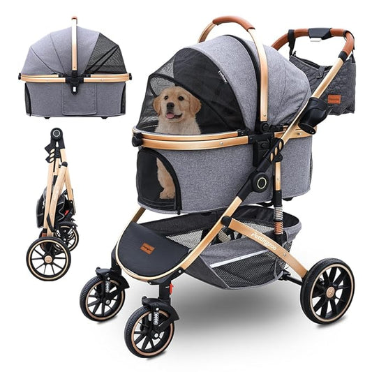 Pettingzoo Dog stroller with 4 Wheels, Folding Cat Stroller for Small/Medium/Large dogs & cats to 60 lbs, pet stroller with removable carrier, Storage BasketCup Holder,3 in1 Multifunctional Detachable