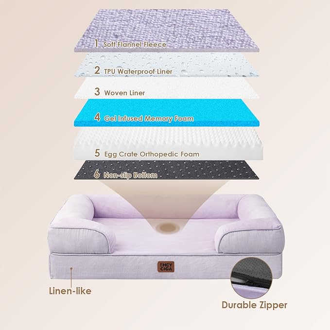 EHEYCIGA Orthopedic Dog Beds for Extra Large Dogs, Waterproof Memory Foam XXL Pet Bed with Sides, Non-Slip Bottom and Egg-Crate Foam Big Dog Couch Bed with Washable Removable Cover, Lilac