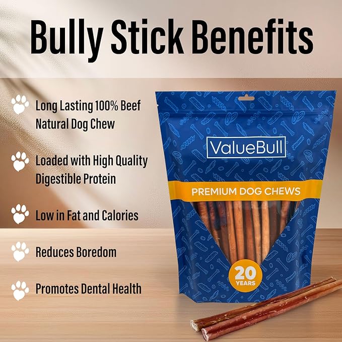 ValueBull Bully Sticks for Dogs, Medium 12 Inch, 200 Count Bulk Pack - All Natural, Grass Fed, Single Ingredient, Long Lasting Dog Treats