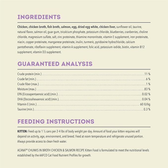 ACANA Chunks in Broth Wet Cat Food Chicken & Salmon Recipe for Kittens 5.5oz Cans (6 Count)
