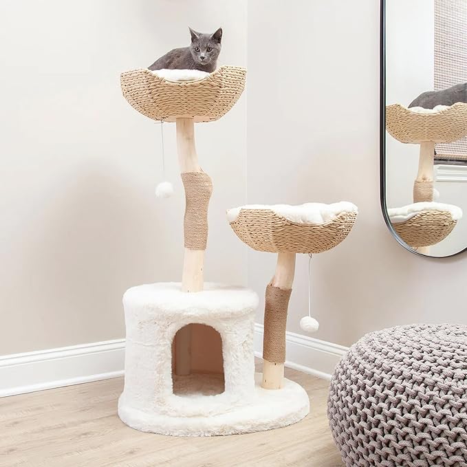 The Bungalow Cat Tree - Luxury Cat Condo, Large Modern Indoor Tower with 2 Faux Fur Beds, Scratching Posts, Toys, and Den for Cats, 23.5-Inch Width x 18-Inch Depth x 43-Inch Height