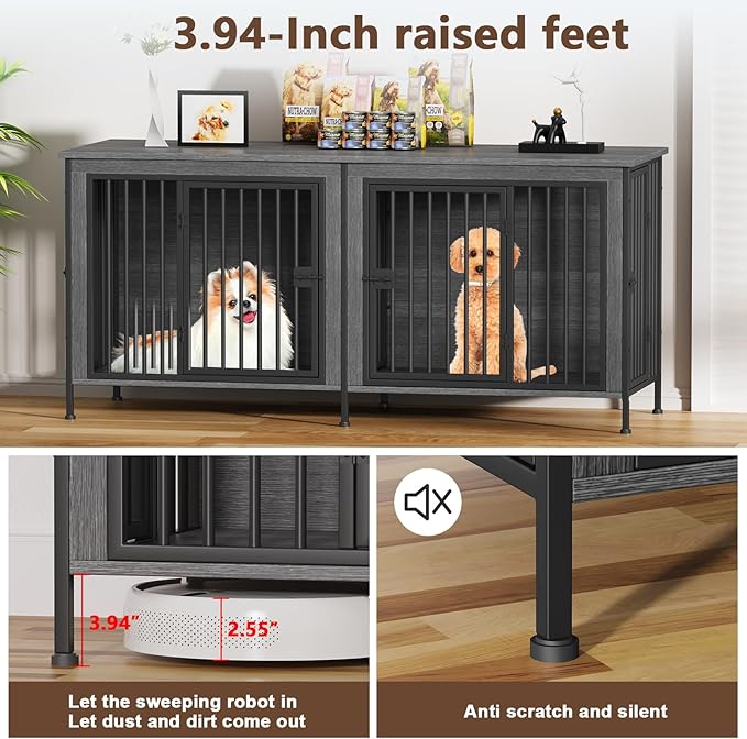 EasyCom 63" Dog Cage Furniture for 2 Pets with Divider, XL Wooden Double Dog Crate Furniture TV Stand for Mideum Breed, Durable and Sturdy