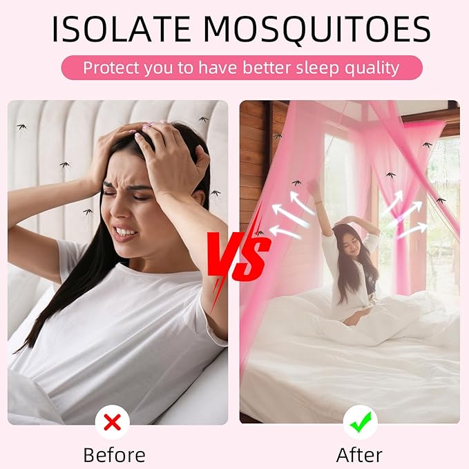 4 Corners Mosquito Net for Mosquiteros para Camas Bed Canopies Netting Bed Drapes Rectangular Mosquito Mesh for Camping Home Outdoor Travel(Pink,L75 X W59 X H67 Inch,Opening)
