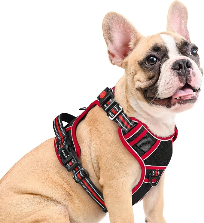Eagloo Dog Harness Medium Sized, Easy Wearing with 3 Buckles, Adjustable No Pull Pet Harness with 2 Rings for Walking, No Chock Reflective Soft Padded Vest with Control Handle, Black & Red, M