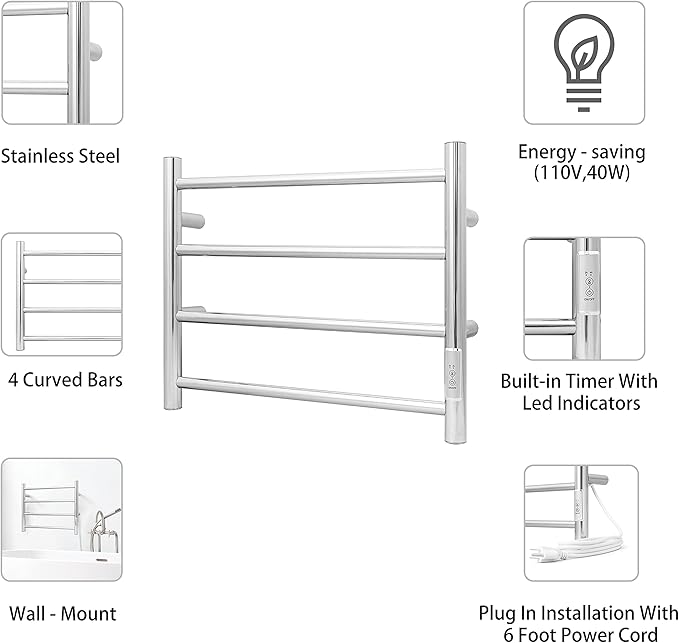 KEG Towel Warmer Wall Mounted with Built-in Timer 4 Bars Electric Stainless Steel Heated Towel Racks for Bathroom, Hot Plug-in Bath Towel Heater Polish Chrome