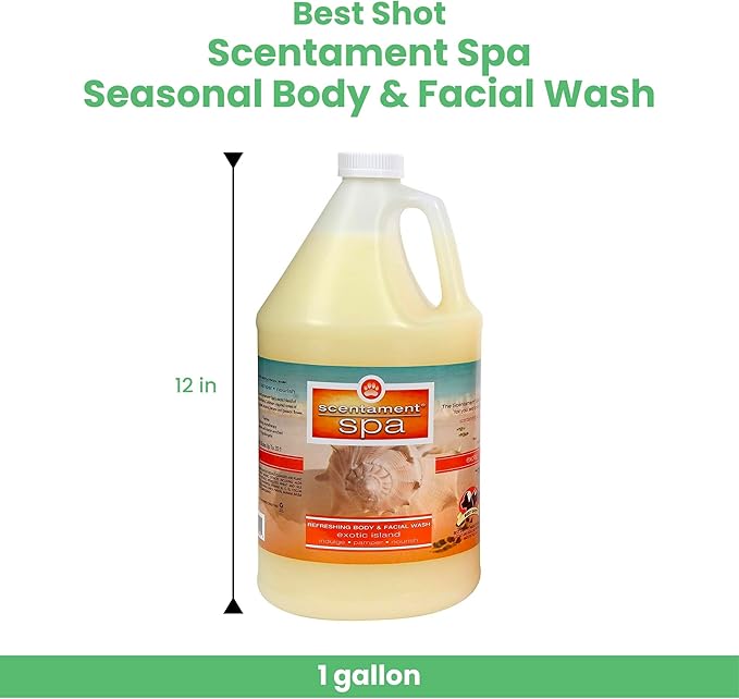 Best Shot Scentament Spa Seasonal Body and Facial Wash, Tearless Shampoo, Hypoallergenic Body Wash, Removes Tear Stains, Exotic Island, 1 Gallon