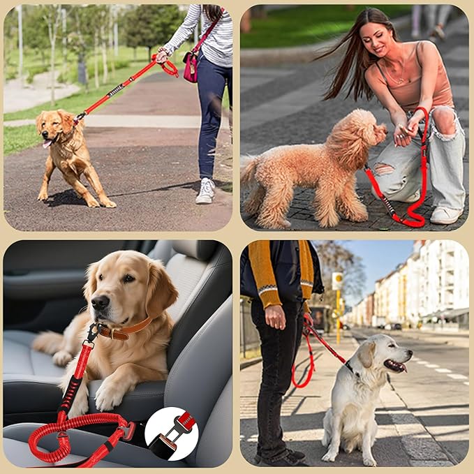 Heavy Duty Bungee Dog Leashes, 4-6FT Shock Absorbing Tactical Dog Leash with 2 Padded Handles, Metal Carabiner Clip, No Pull Reflective Dog Leash for Medium Large Dogs (Red)