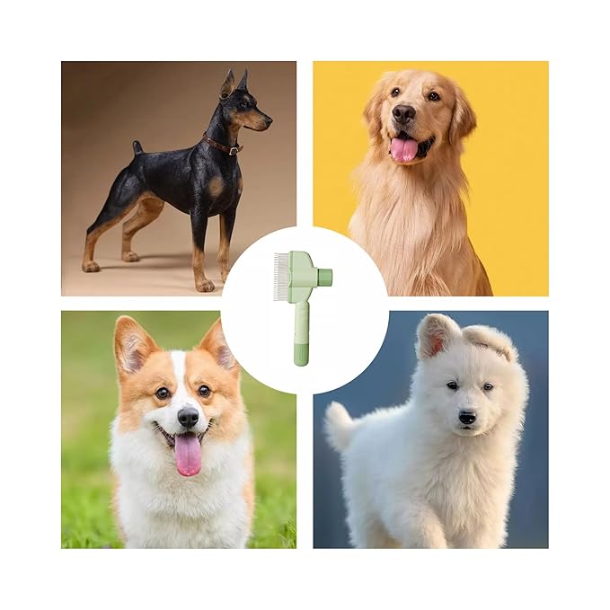 Pet Hair Removal Comb, Flea Brush with Release Button for Cat Dog, De-Shedding Cat/Dog Hair Comb, With Long & Short Stainless Steel Metal Teeth for Shedding(Green)