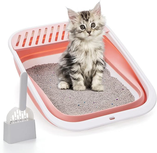 Open Top Cat Litter Box, Large Foldable Cat Potty Height-Adjustable Sides Anti-Splash, Open Air Kitty Litter Pan No Smell, Cat Toilet Easy Clean with Cat Litter Scoop (Pink)