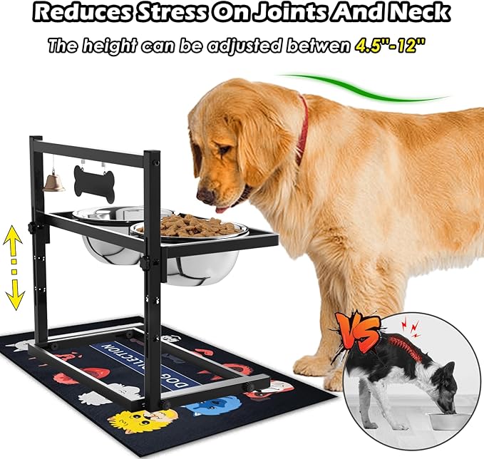 SHAINFUN Elevated Dog Bowls with Slow Feeder & Spillproof Mat, Raised Dog Bowl Stand with 2 Stainless Steel Food Water Bowls, Adjustable Height Stand for Large Medium Breeds