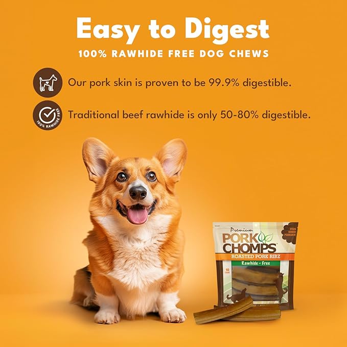 Pork Chomps Roasted Pork Skin Dog Chews, 6-inch Rib Shapes, 10 Count