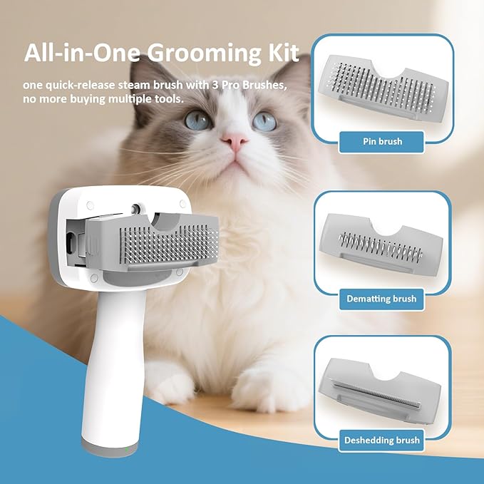 5 in 1 Pet Steam Brush for Dogs & Cats – Self Cleaning, 3 Pet Brush for Smoothing, Dematting, Thinning – Shedding, Grooming & Hair Removal, Includes Shampoo & Storage Case (8.0"-promax)