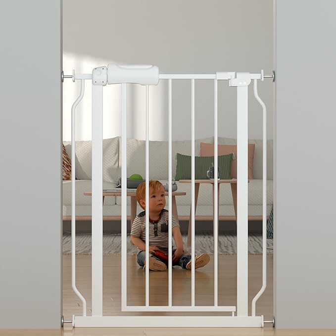 TSAYAWA Narrow Baby gate Baby Safety Gate 24.02-29Inch Auto Close Child Gates, Pressure Mounted Gate for Stairs & Doorways, Indoor/Outdoor Heavy-Duty Pet Gate for Toddlers, Dogs, White