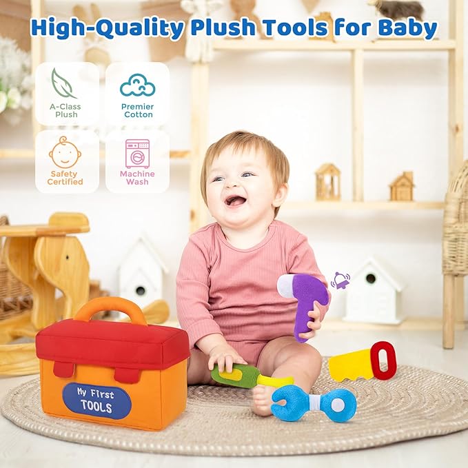 KMUYSL Baby Toys 6-12 Months, My First Tools Plush Toys -4 Pcs Sensory Playset Soft Toys with Squeaker Crinkle for 6-9-12 Months Newborn Infant, Birthday Christmas Gifts for Boys Girls