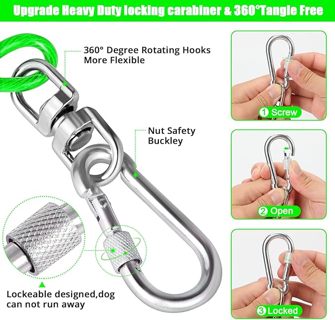 Jenico Dog Tie Out Cable, 10/15/20/30/40/50/70/100/150FT Runner Cable with Swivel Hook and Shock Spring, Yard and Camping Dog Leash Run Tether, Up to 500 LBS