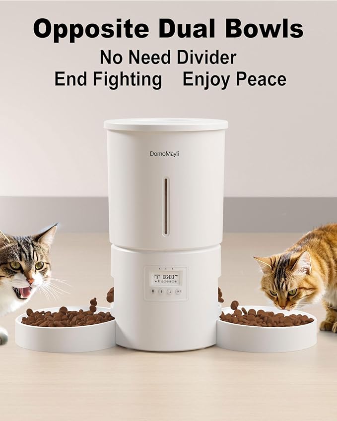 Automatic Dual Cats Feeder for 2 Cats,6 Meals/Day,12 Portions/Meal,Dual Power Auto Pet Feeder Dry Food Dispenser,Flexible Schedule Timer 10S Voice Record (White, ABS Dual Bowls)