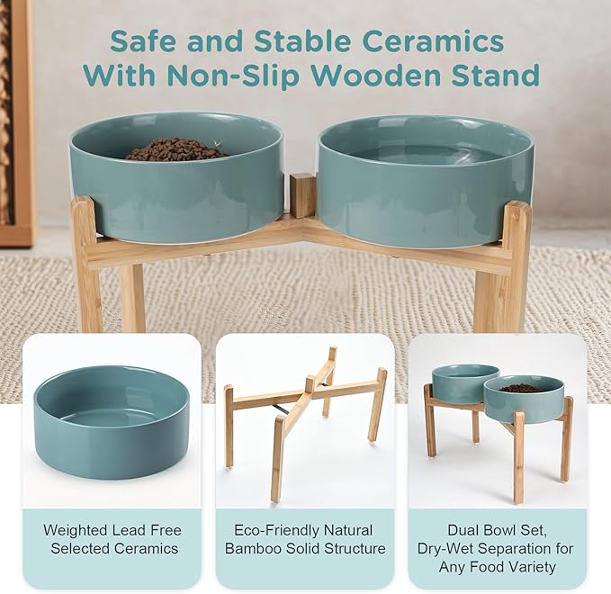 SPUNKYJUNKY Elevated Dog Bowls Ceramic, 8.3'' Dogs Food Water Bowls Raised with Non-Slip Bamboo Stand for Large Sized Breed Microwave Dishwasher Safe - 60 OZ,Dark Green
