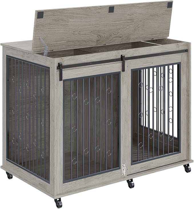 IchbinGo Large Dog Crate Furniture, 47" Wooden Dog Kennel with Sliding Barn Door, Flip-Top Lid & Wheels, Indoor Pet Crate Table with Detachable Divider for Small/Medium/Large Dogs (Rustic Grey)