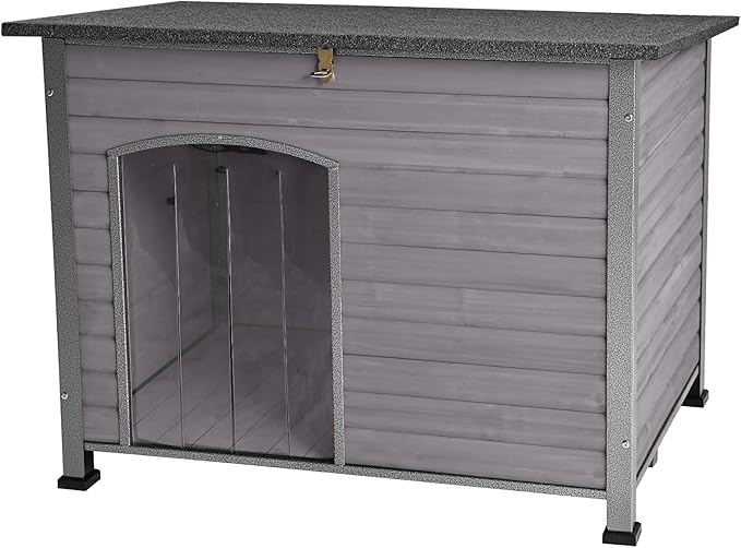 Indoor Outdoor Dog House,Anti-Chewing Iron Frame Dog Kennel,Wood Warm Pets Home,Weatherproof Outside Shelter