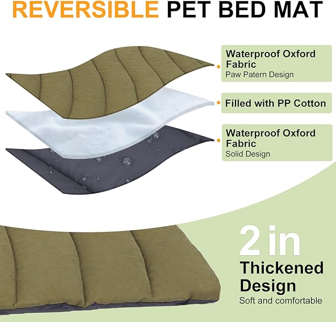 BEAUTYZOO Outdoor Dog Bed Waterproof, Camping Dog Bed Reversible, Portable Travel Bed with Carry Bag- Machine Washable, Durable, Foldable Outdoor Pet Bed Mat for Medium Large Dogs, 35” x 51“ Green