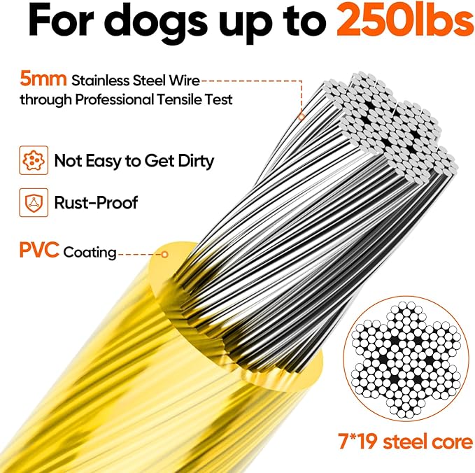 Tresbro 50FT Reflective Tie Out Cable for Dogs Up to 250 Pounds, Steel Wire Lead Leash Cable with Stainless Rotatable Buckle, Lightweight and Enduring, Dog Chains Outside for Outdoor, Yard, Yellow