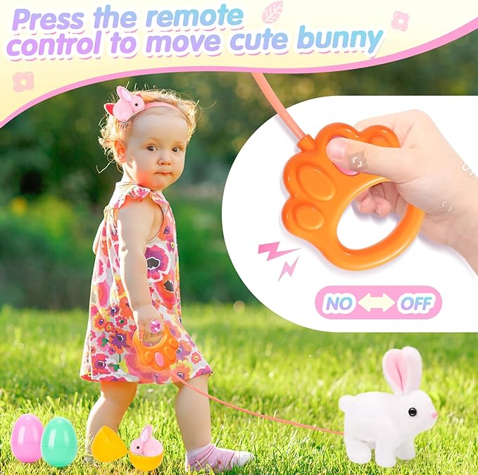 Hopping Plush Bunny Easter Interactive Toys for Kids,Can Wagging Tail and Twitching Nose with Remote Control Leash,Easter Eggs and Decorations,Easter Christmas Birthday Gift for Toddlers