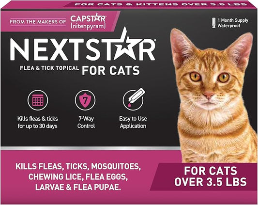 Flea and Tick Prevention for Cats, Repellent, and Control, Fast Acting Waterproof Topical Drops for Cats Over 3.5 lbs, 1 Month Dose