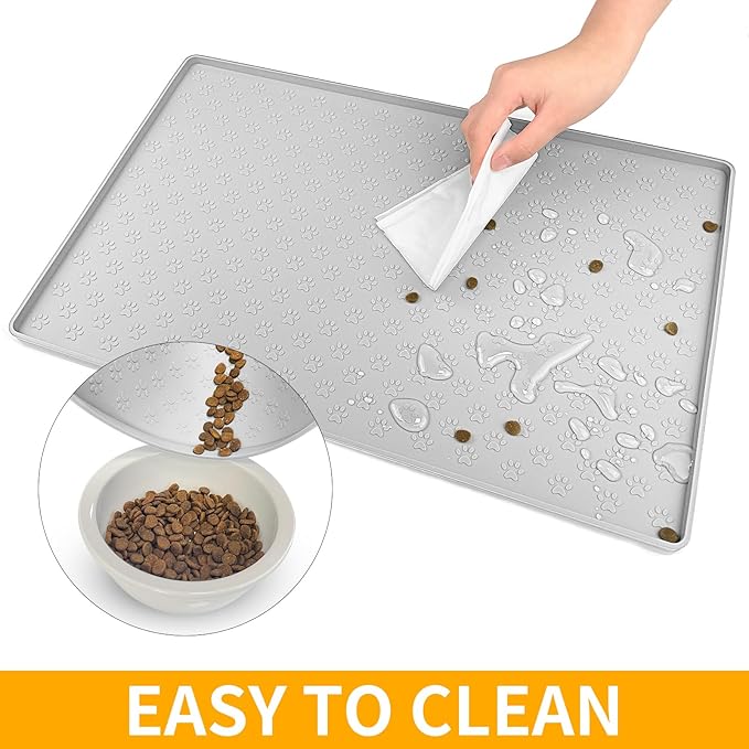 Ptlom Dog Food Mat Anti-Slip Pet Bowl Mats for Food and Water, High-Lips Pet Placemat Prevent Messy Spills to Floor, Waterproof Puppy Feeding Tray for Small, Medium Large Dogs Cats, Silicone