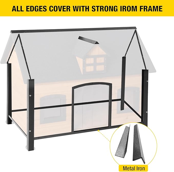 Aivituvin Dog House with Insulated Liner Anti-Chewing Metal Frame Design Insulated Wooden Dog Kennel with Unique Design Roof, Weatherproof Dog House for Outdoor Indoor