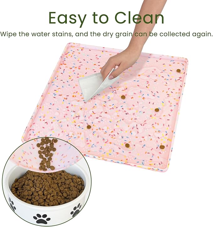 Ptlom Dog Food Mat Anti-Slip Dog Bowl Mats for Food and Water, Waterproof Pet Placemat Prevents Messy Spill to Floor, Silicone Puppy Feeding Tray for Small, Medium and Large Dogs Cats, Pink