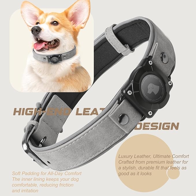 AirTag Dog Collar - Leather Dog Collar with Air Tag Holder | IPX8 Waterproof, Reflective, High - End, Adjustable Soft Padded | Dog GPS Tracker Collars Fit for Medium Large Dogs (Grey, XL)