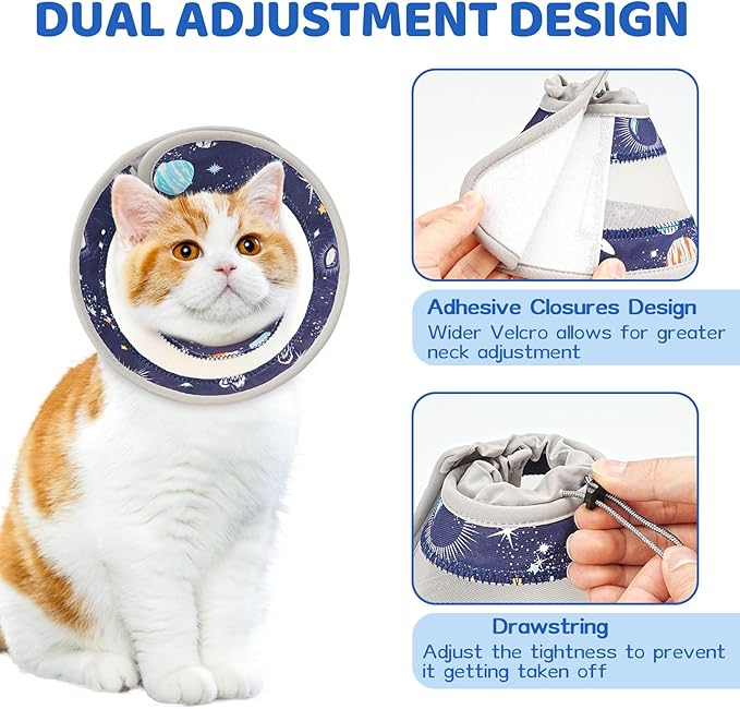 Breathable Air Mesh Cat Cone Collar Soft to Stop Licking, Adjustable, Foldable Lightweight Kitten Cones After Surgery Recovery for Cats & Kittens (Star Blue, L)