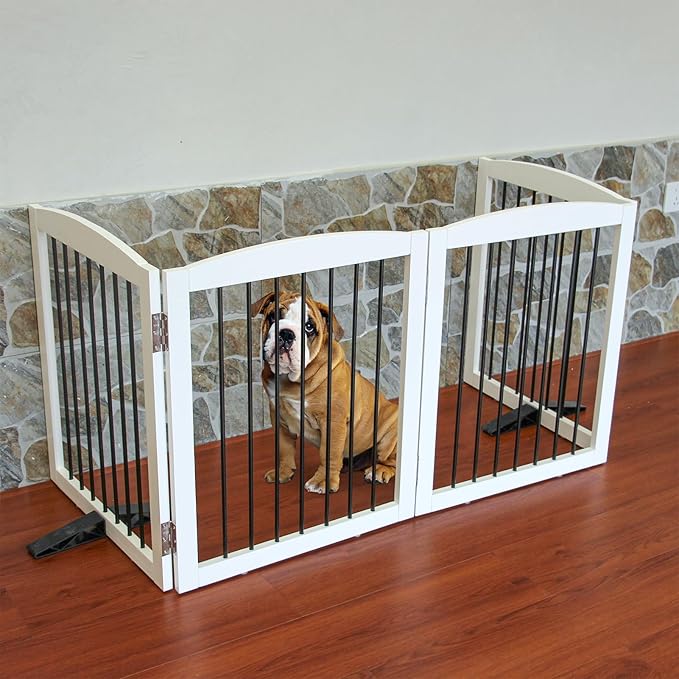 Freestanding Panel Dog Gate for Indoor, Doorways, Stairs, or Hallways - Foldable Wooden Pet Fence With Support Feet - 24" Height, 4 Panels, White